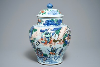 A large Chinese wucai vase and cover with fine mythological design, Transitional period