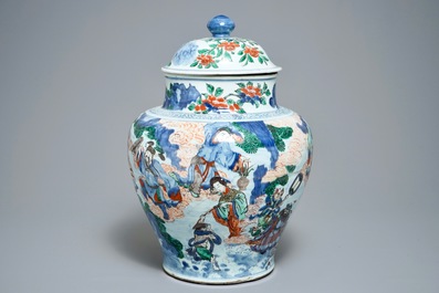 A large Chinese wucai vase and cover with fine mythological design, Transitional period