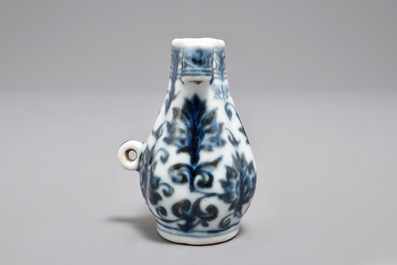 A Chinese blue and white birdfeeder shaped as an arrow vase, Xuande mark, Ming or later