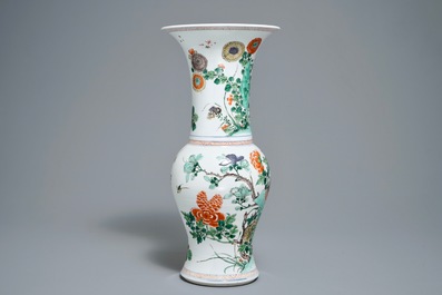 A Chinese famille verte yenyen vase with birds and flowers, Kangxi
