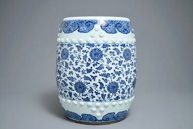 A Chinese blue and white 'lotus scroll' garden seat, Qianlong