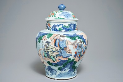 A large Chinese wucai vase and cover with fine mythological design, Transitional period