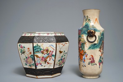 A Chinese Nanking famille rose crackle-glazed jardini&egrave;re and a vase, 19/20th C.