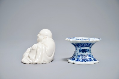 A pair of Chinese famille rose plates, a blue and white salt and a Buddha, Kangxi and later