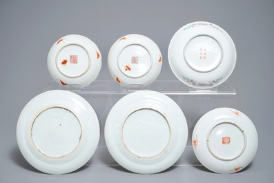 Six Chinese famille rose and verte plates, 19/20th C.