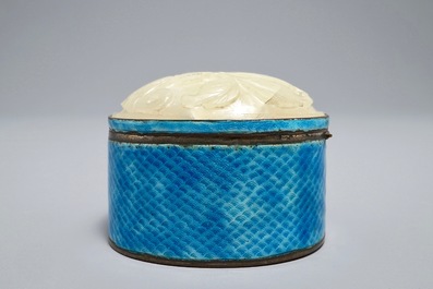 A Chinese enamelled silver and jade-topped box, 19/20th C.