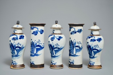 A Chinese Nanking crackle glazed blue and white five-piece garniture, 19/20th C.