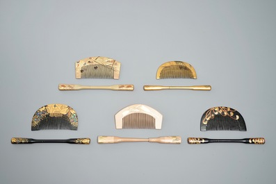 Ten sets of Japanese lacquer Kushi combs and Kougai hair pins, Meiji, 19th C.