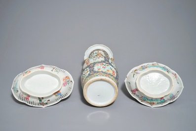 Two Chinese famille rose bowls and a Canton blue-ground vase, 19th C.