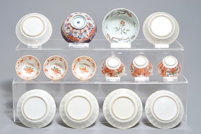 Six Chinese Dutch-decorated Amsterdams bont cups and saucers and two bowls, Kangxi/Qianlong