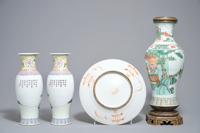 Three Chinese famille rose and verte vases and a 'hundred boys' dish with playing boys, 19/20th C.