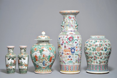 Five Chinese famille rose and verte vases incl. a pair of rouleau vases, 19th C.