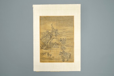 Koreaanse school: Figuren in een landschap, inkt op papier, Joseon, 18/19e eeuw