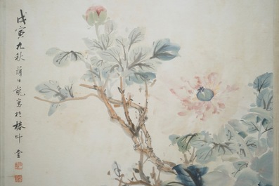 Yan Bolong (1898 -1954), Un coq dans un jardin fleuri, aquarelle sur papier