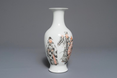 A Chinese grisaille and iron red vase with figures, Republic, 20th C.