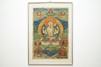 Een thangka met de vierarmige Avalokiteshvara, Tibet, 18/19e eeuw