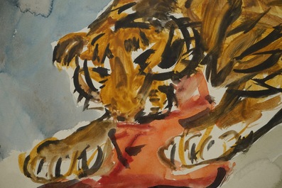 Sadji (Sha Qi, Sha Yinnian) (1914-2005), Een etende tijger, aquarel op papier