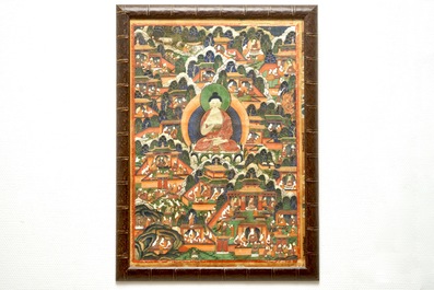 A thangka with scenes from the life of Buddha, Tibet or Mongolia, 18/19th C.