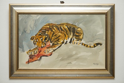 Sadji (Sha Qi, Sha Yinnian) (1914-2005), Le repas du tigre, aquarelle sur papier