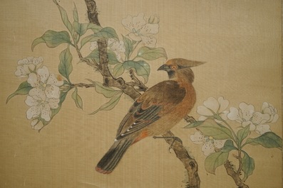 Xie Yuemei (1906-1998), Een vogel op een bloesemtak, aquarel op textiel