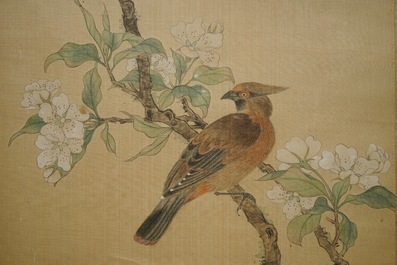 Xie Yuemei (1906-1998), A bird on a blossoming branch, watercolour on textile