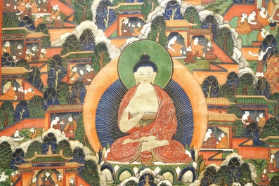 A thangka with scenes from the life of Buddha, Tibet or Mongolia, 18/19th C.