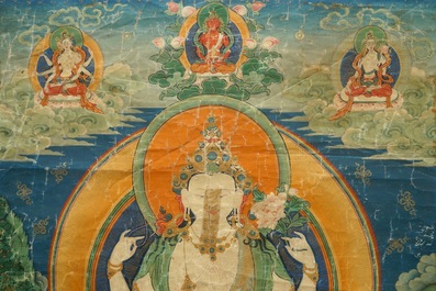 Un thangka figurant Avalokiteśvara &agrave; quatres bras, Tibet, 18/19&egrave;me