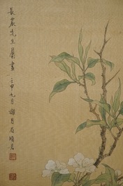 Xie Yuemei (1906-1998), Oiseau sur une branche fleurie, aquarelle sur textile