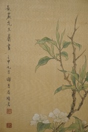 Xie Yuemei (1906-1998), A bird on a blossoming branch, watercolour on textile