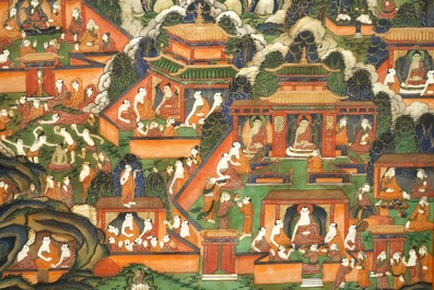 A thangka with scenes from the life of Buddha, Tibet or Mongolia, 18/19th C.