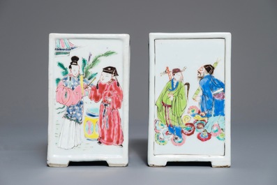 Two Chinese famille rose square brush pots with immortals, Yongzheng