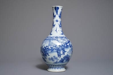 A Chinese blue and white jug with figurative design around, Transitional period