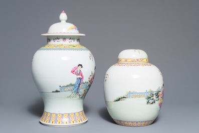 A Chinese famille rose covered jar and vase with fine figural design, Qianlong marks, Republic, 20th C.