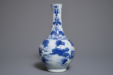 A Chinese blue and white bottle vase with figurative design around, Transitional period