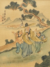 Five Chinese paintings on textile, 19/20th C.