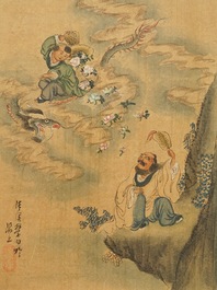 Vijf Chinese schilderingen op textiel, 19/20e eeuw