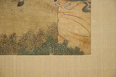Een Chinese aquarel op textiel met een strijdsc&egrave;ne in berglandschap, 19e eeuw