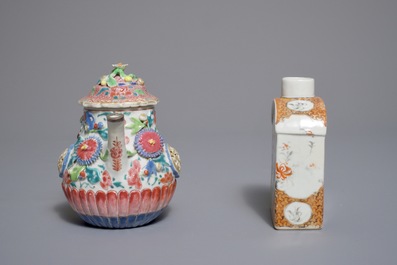 Une th&eacute;i&egrave;re, une bo&icirc;te &agrave; th&eacute; et un bol millefleurs en porcelaine de Chine famille rose, Yongzheng et apr&egrave;s