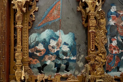 A rare Chinese gilt wood and reverse glass painted mirror, 2nd half 18th C.