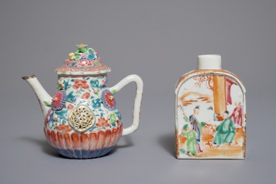 A Chinese famille rose teapot, a tea caddy and a millefleurs bowl on stand, Yongzheng and later