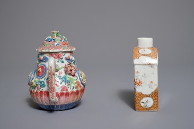 A Chinese famille rose teapot, a tea caddy and a millefleurs bowl on stand, Yongzheng and later