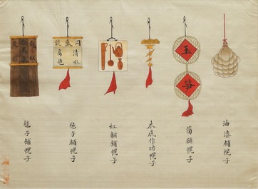 Huit peintures figurant des ornements et des symboles, Chine, 19&egrave;me