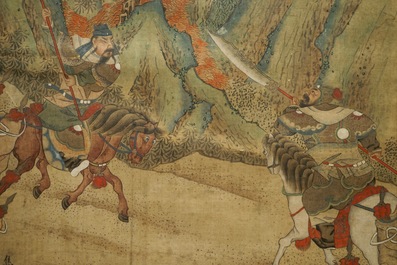 A Chinese watercolour on textile of a battle scene in a mountainous setting, 19th C.