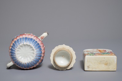 A Chinese famille rose teapot, a tea caddy and a millefleurs bowl on stand, Yongzheng and later