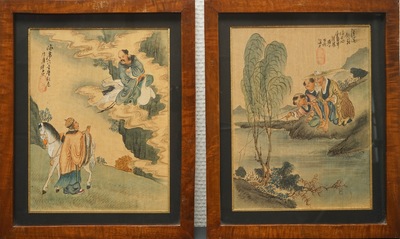 Five Chinese paintings on textile, 19/20th C.