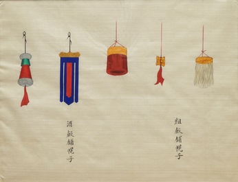 Acht Chinese schilderijen met ornamenten en symbolen, 19e eeuw