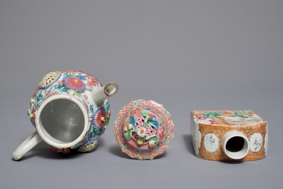 A Chinese famille rose teapot, a tea caddy and a millefleurs bowl on stand, Yongzheng and later