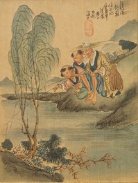 Five Chinese paintings on textile, 19/20th C.