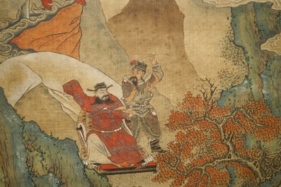 A Chinese watercolour on textile of a battle scene in a mountainous setting, 19th C.