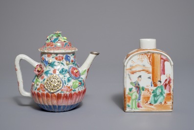 A Chinese famille rose teapot, a tea caddy and a millefleurs bowl on stand, Yongzheng and later